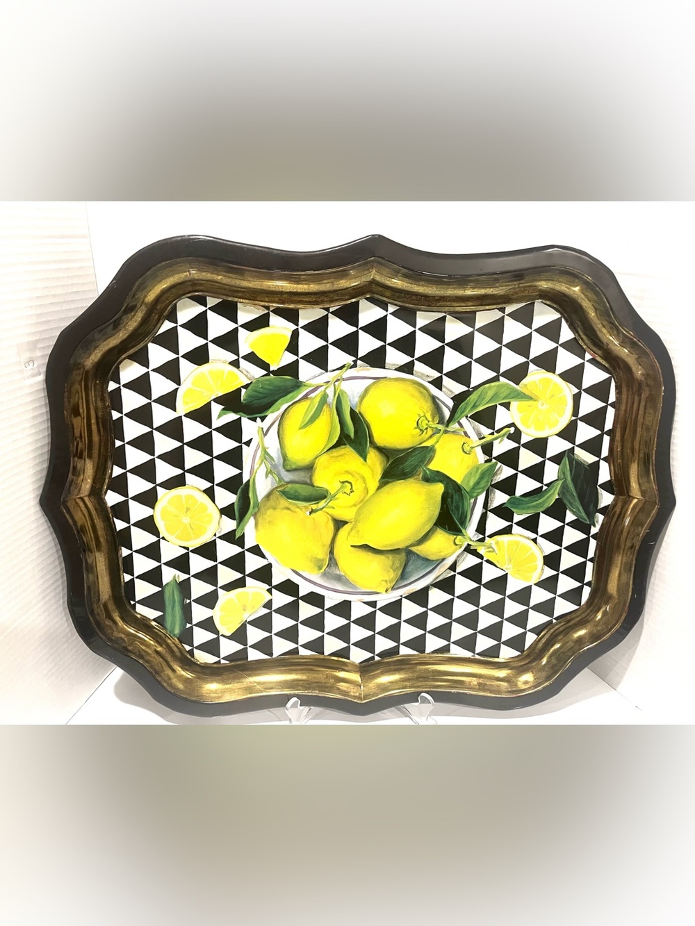 Vtg. IAN LOGAN Sara Hay 1993 Scallop Toleware Serve Tray Lemon Harlequin Pattern